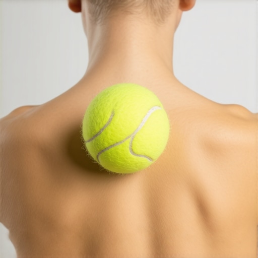 A person using a tennis ball against a wall to relieve upper back tension.