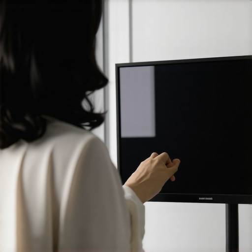 A person checking a computer screen for window reflections to prevent eye strain and neck pain.