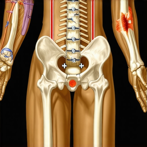 The Kinetic Chain and Spinal Alignment Diagram A medical illustration showing how pelvic tilt and ankle tension affect the entire spine and neck alignment.