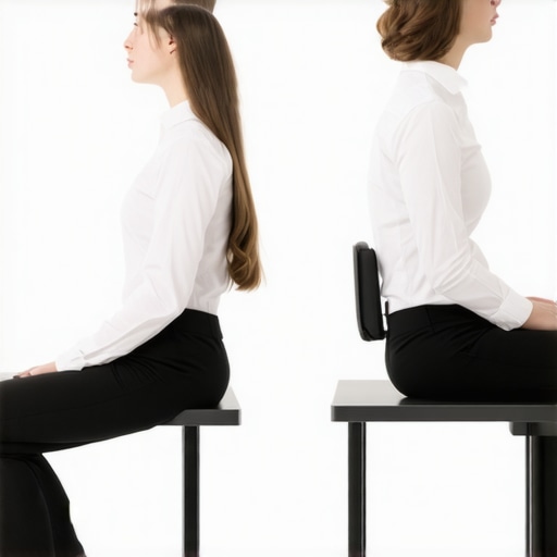 The Military Posture Trap vs Neutral Spine Diagram showing the difference between forced military posture and healthy neutral spinal alignment at a desk.