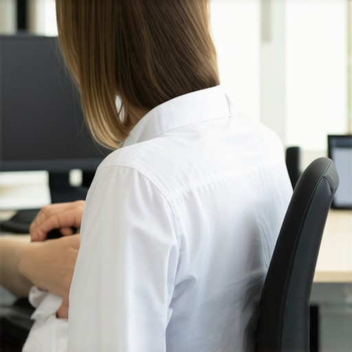 The One-Inch Armrest Rule for Neck Relief Proper desk chair armrest adjustment showing the space between the elbow and armpad to reduce shoulder shrugging.