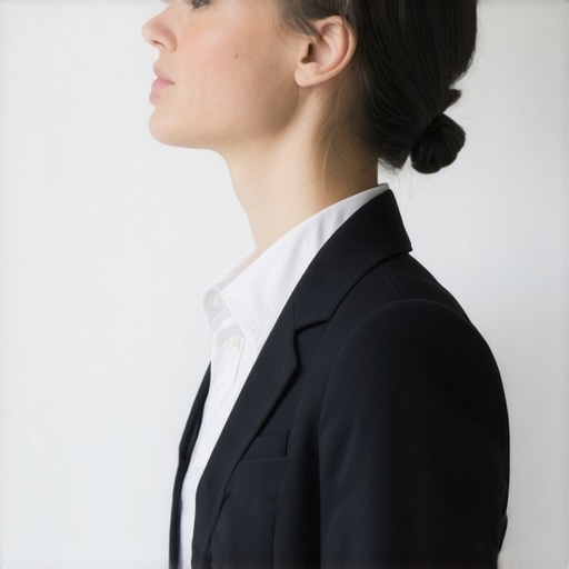The Proper Chin Tuck Alignment for Neck Relief Person demonstrating a chin tuck exercise to relieve neck pain and improve spinal alignment in an office setting