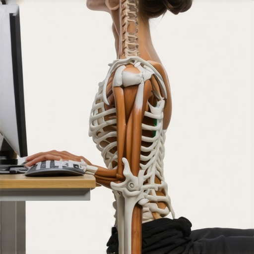 The hidden strain of rigid posture Illustration of a person experiencing neck tension due to an over-corrected sitting posture