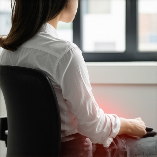 The visual strain of trying to maintain a perfect static posture. Man sitting too straight in an office chair looking uncomfortable.