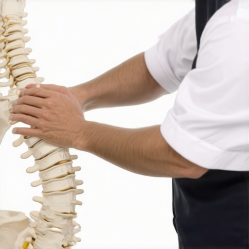 A chiropractor explaining how spinal misalignment causes protective muscle tightness using a lumbar spine model.