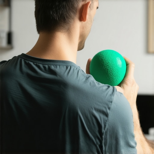 Using a Lacrosse Ball for Mid-Back Relief Person using a massage ball against a wall to relieve mid-back and shoulder tension.