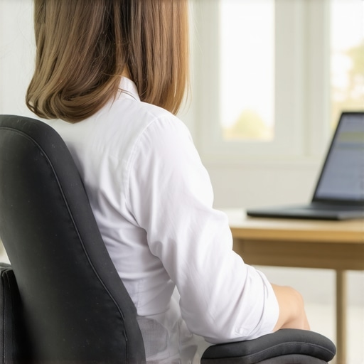 Person using a cylindrical lumbar roll in an office chair for back pain relief