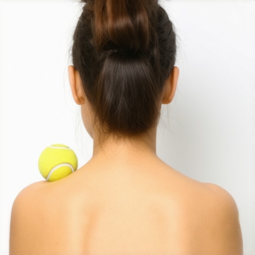 Using a Tennis Ball for Back Pain Relief Close up of a person using a tennis ball against a wall for upper back and shoulder blade muscle release.