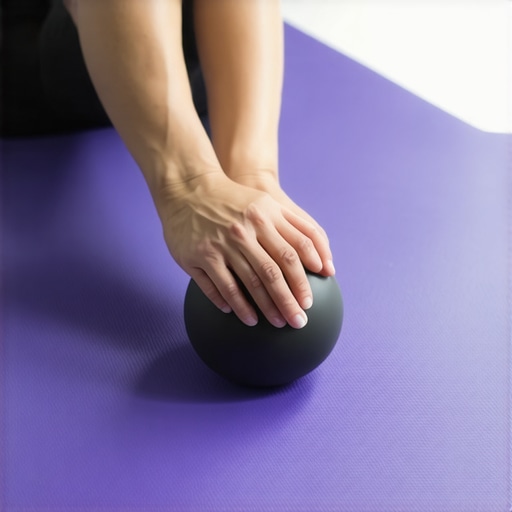 Person using a lacrosse ball on their foot for trigger point therapy to relieve back tension