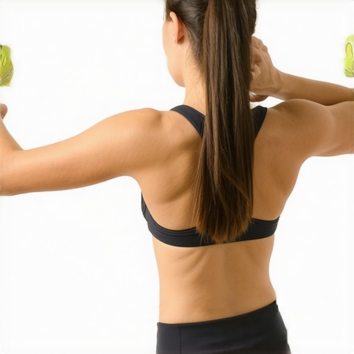 Using a tennis ball for upper back tension relief Person demonstrating self-myofascial release on the upper back using a tennis ball against a wall.