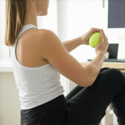 A man using a tennis ball for targeted back muscle release in a home setting.